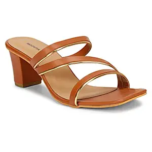 MOZAFIA Square Toe-Strappy-4 Synthetic Solid Upper Cushioned Footbed Office Wear | Casual Wear Latest Ladies Block Heels | Comfortable Heel For Women (TAN 6 UK)
