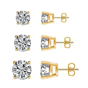 Amazon Brand - Nora Nico 925 Sterling Silver BIS Hallmarked Set of 3 Pair Round, Square, Heart Shape White CZ 8mm Stone Gold Plated Stud Earrings for Women