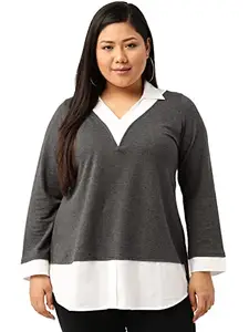 theRebelinme Plus Size Women's Charcoal Grey & White Shirt Collar Cotton Top(XL)
