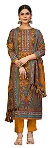 RIWAAYAT TRENDS Women's Unstitched digital Style Kaani Print Pure Spun Warm Salwar Suit Dress Material with Kashmiri Kani printed Spun shawl dupatta (Yellow)