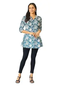 Lotus Floral Printed Blue Cotton Short Kurti for Womens