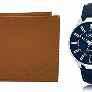 LOREM Tan Color Faux Leather Wallet & Blue Analog Watch Combo for Men | WL02-LR23