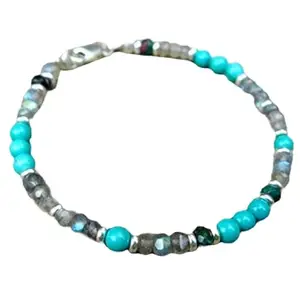 LKBEADS Natural Round Shape Smooth Cut Beads Stretchable Bracelet for Men & Women Labradorite & Turquoise Round & Rondelle Faceted & Smooth Multicolor 7 Inch Bracelet
