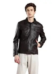 Leather Retail Men’s Trendy Coffee PU Leather Jacket with Pockets
