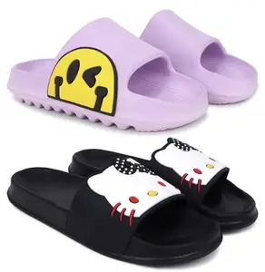 Pampy Angel Combo Pack of 2 Slipper/Flip Flops/Slides for Women,(T-Eyes-Purple,Kitty-Black),41 (Euro)