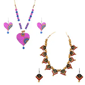 Adone Multicolour Indian Traditional Terracotta Necklace and Earring Jewellery Set Combo for Women