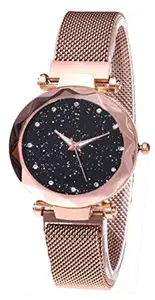 Acnos® Premium Black Round Diamond Dial with Latest Generation Rosegold Magnet Belt Analogue Watch for Women Pack of - 1 (DM-ROSEGOLD18)