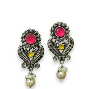 Oxidise Vintage Style Floral Earrings with Yellow, Red Stones and Pearl Drops, 5 cm (PINK)