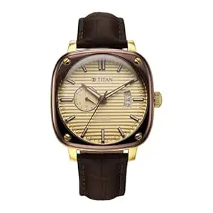 Titan Vintage Concealed Automatic Analog with Beige Dial Brown Leather Strap Watch for Men - 90225KL03