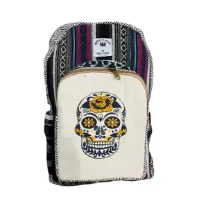 Handicraft Unique Design Himalayan Hemp Cotton Backpack 17 IN Large Hippie, Festival, Hiking & Tablet Laptop Backpack Bag, White and Multicolor (Skelton)