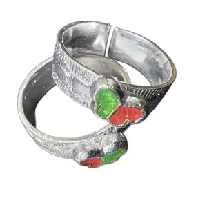 Handcrafted German Silver Toe Ring with butterfly red Green Stones, Traditional Design Coloured Heart Details, Set of 2
