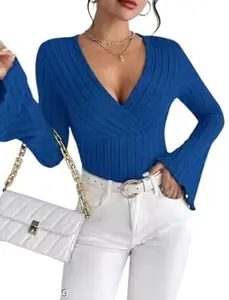 SILES FASHION Women Casual Flared Sleeve Self Design Blue Top Stylish Regular Fit Soft Fabric Trendy Office Party Top
