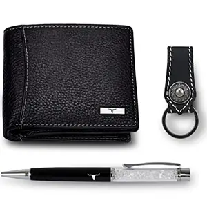 URBAN FOREST Oliver Black Leather Wallet, Black Keychain & Pen Combo Gift Set for Men
