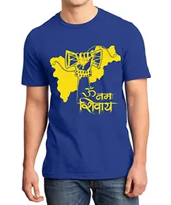 Caseria Men's Round Neck Cotton Half Sleeved T-Shirt with Printed Graphics - Om Namah Shivay Damaru (Royal Blue, L)