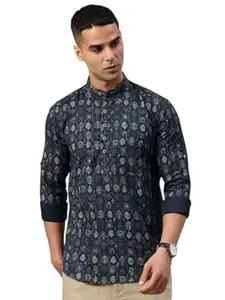 Majestic Man Men's Pure Cotton Printed Mandarin Collar Slim Fit Roll-Up Sleeves Short Kurta