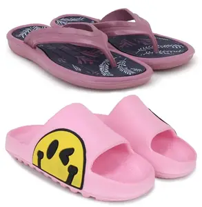 Pampy Angel Combo Pack of 2 Slipper/Flip Flops/Slides/Clogs/Sandals for Women,(V-Sflower-Peach,T-Eyes-Pink),39 (Euro)