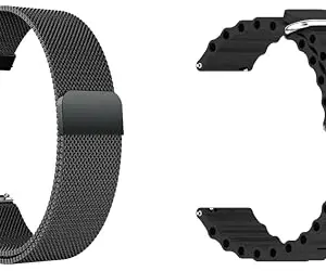 ACM Pack of 2 Watch Strap Magnetic & Silicone Belt 22mm compatible with Maxima Max Pro Coral Smartwatch Metal Chain with Classic Band (Black)