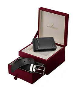 WildHorn Men's Classic Leather Wallet and Belt Combo | Black