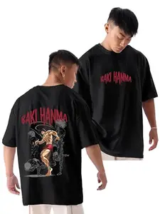 fanideaz Mens Oversized T Shirt for Men Drop Shoulder Cotton Tshirt for Man Printed Tshirts Baggy Stylish Gym Wear_2292BK_S_Baki Hanma