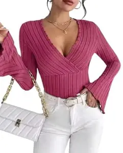 WEAR VIBE Women Casual Flared Sleeve Self Design Blue Top Stylish Regular Fit Soft Fabric Trendy Office Party Top