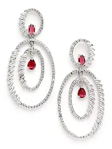Karatcart Silver Tone Red American Diamond Studded Dangler Earrings for Women