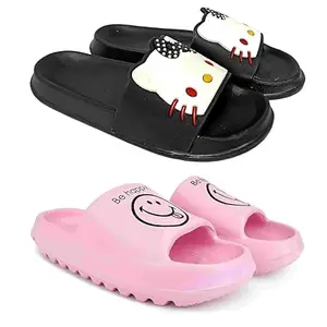 Pampy Angel Combo Pack of 2 Slipper/Flip Flops/Slides for Men,(Kitty-Black,YW-Love-Pink),37 (Euro)
