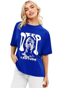 LEOTUDE Womens Oversized Round Neck Cottonblend Half Sleeve T-Shirts (GRL_FS49_Blue_DEEP_P_Blue_XL)
