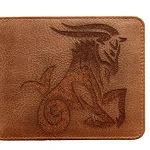 Karmanah Capricorn Zodiac Sign Engraved Genuine Leather Wallet with RFID Protection. Grey