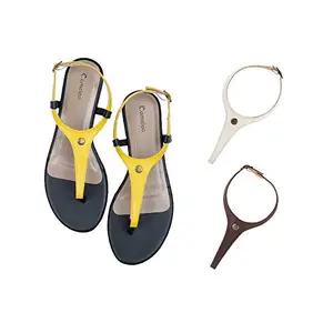 Cameleo -changes with You! Women's Plural T-Strap Slingback Flat Sandals | 3-in-1 Interchangeable Leather Strap Set | Yellow-White-Brown