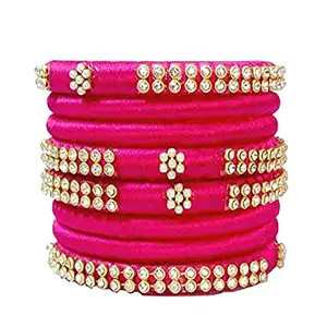 Generic Thread Trends Silk Thread Plastic Base Metal & Pearl Bangles Set for Women (Pack of 8) Pink -2/4