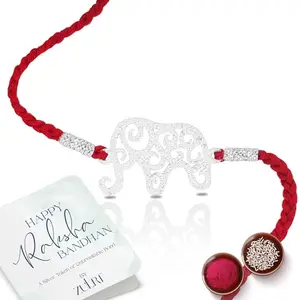 ZULRI 925 Sterling Silver Elephant Cotton Thread Rakhi for Bhai (Kids) | Rakshabandhan Rakhi With Greeting Card & Roli Chawal and Certificate of Authenticity 925 Silver