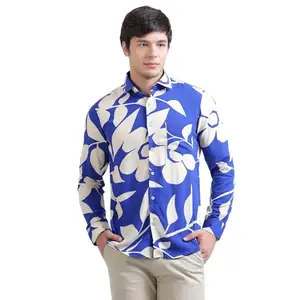 AM SWAN Men's Premium Rayon Shirt with Blue Floral Print (2XL)