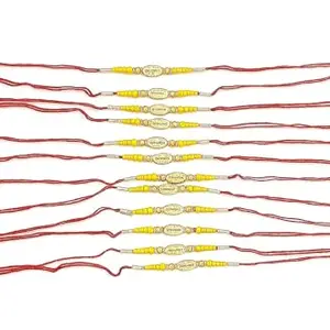 Handcrafted Red Thread RAJA BHAIYA Rakhi with Gold-Toned Beads and Yellow Accents, Set of 12