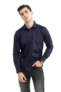 SNITCH Men On Loop Navy Satin Stretch Shirt Cotton Blend Slim Fit Shirt|Anti-Dust|Coin Pocket |Two Patch Pocket |Comfort Stretch, Blue, XL