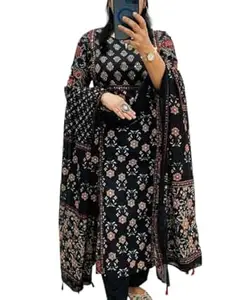 Veqreqmeq Women's Cotton Trending Straight Printed Kurta with Pants and Dupatta Set | Ethnic Set (Black)