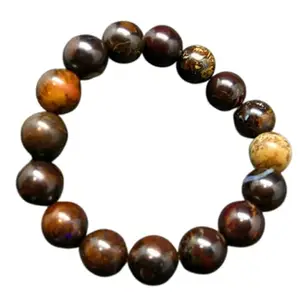 RRJEWELZ Natural Boulder Opal 12mm Round Shape Smooth Cut Beads 8 Inch Stretchable Bracelet For Men & Women. Unisex Bracelet For Healing, Meditation, Prosperity, Gift & Luck|STBR_RR_10474_8.0