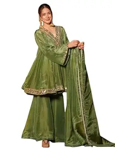 Aspora Women's Chinnon Embroidered Peplum Kurta with Sharara and Dupatta Set | Elegant V-Neck 3-Piece Ethnic Suit with Intricate Mirror Work Embroidery