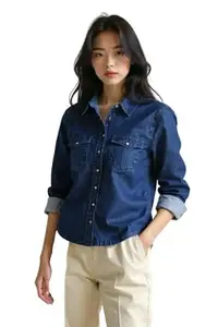 NEW-18 Trendy Denim Shirt for Women Solid Blue Regular Fit Long Sleeve Collared Neck Button Down Closure Stylish Girls Casual Shirt