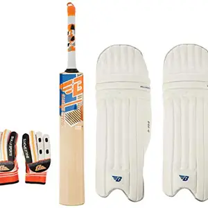 BHAJJI Kashmiri Willow Cricket BAT T20 5.0 with BHAJJI Batting Gloves 202 Mens and Batting PAD 202