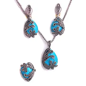 TPS Semi-Precious Stone Blue Pendant Necklace Earring And Rings Flower Jewellery Set for Women