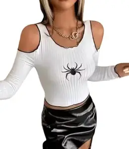 Jattitude Dreams Spider-Printed Open Shoulder Crop Top for Girls and Women | Polyester Fabric | Color White Size S