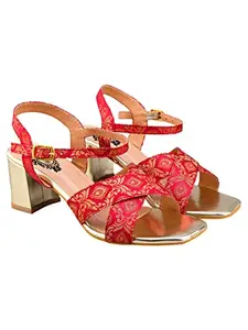 Do Bhai Gold-Toned Printed Design Red Block Heeled Sandals For Women & Girls/UK6