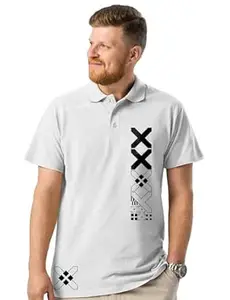 White Polo Shirt with Printstream Pattern Design, Short Sleeve Collared T-Shirt, CSGO