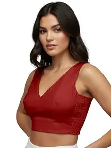 Mehrang V-Neck Taffeta Padded Sleeveless, Back Hook Closure with Smocked Side Panel, String or tie, Readymade Saree Blouse for Women