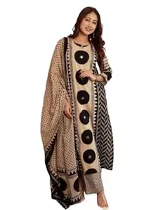 krisjan|Women's Pure Cotton Printed with Handwork Kurta with Pants and Dupatta Set | Ethnic Set | Suit Set | Kurta Set | Wedding Suit Set