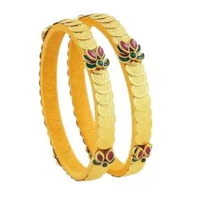 Traditional Gold-Plated Bangles with Pink and Green Enamel Floral Design, Set of 2