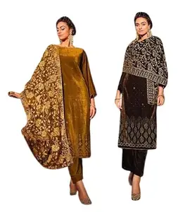 Pure Velvet Embroidery Work Unstitched Salwar Suit Dress Material For Women & Girl (Mustard & Coffee)
