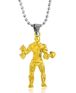 Uniqon Golden Color Unisex Weightlifting Men Figure Muscle Body Fitness Gym Bodybuilding Sports Dumbbell Barbell Locket Pendant Necklace With Ball Chain