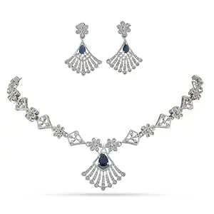 GV Fashions Silver Plated CZ Pendant Necklace Set with Earrings for Women & Girls | Elegant Designer Brass Jewellery Set | Diamond Look Cubic Zirconia Pendant Set | Party, Wedding, Daily Wear Jewellery Gift