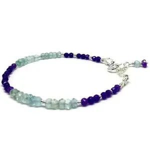 RRJEWELZ Amethyst & Aquamarine bracelet for men & women - 3-3.5mm Round & Rondelle Faceted beads - 7 Inch Adjustable with Silver plated clasp – Healing, Fashion, Gift, Spiritual, Yoga|LCBR_RR_06678